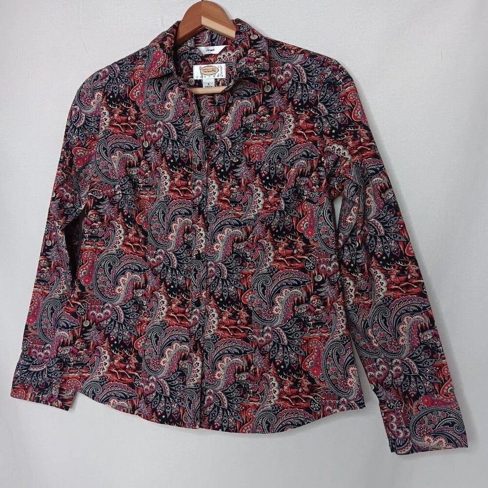 Talbots Petites PS Blouse Christmas Paisley Blue Pink Long Sleeve Santa Sleigh